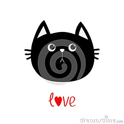 Black cat head icon. Cute funny cartoon character. Love word Happy Valentines day red text. Greeting card. Sad emotion. Vector Illustration
