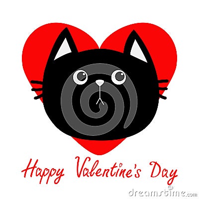 Black cat head icon. Red heart. Cute funny cartoon character. Happy Valentines day Greeting card. Sad emotion. Kitty Whisker Baby Vector Illustration