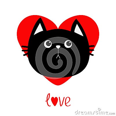 Black cat head icon. Red heart. Cute funny cartoon character. Valentines day Love word Greeting card. Sad emotion. Kitty Whisker B Vector Illustration