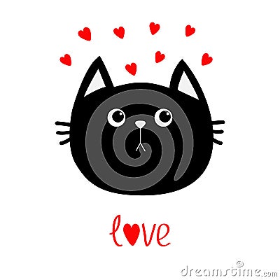 Black cat head icon. Red heart set. Cute funny cartoon character. Valentines day Word love Greeting card. Sad emotion. Kitty Whisk Vector Illustration