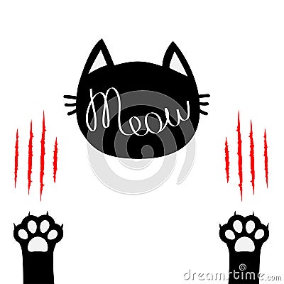 Black cat head. Meow lettering contour text. Two paw print leg foot. Bloody claws scratching animal Cute cartoon character Vector Illustration