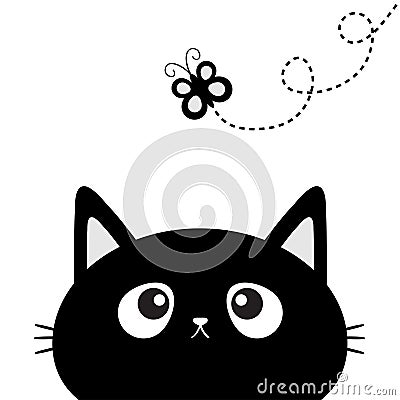 Black cat head silhouette looking at butterfly insect. Dash line track with loop. Cute cartoon character. Pet baby collection Card Vector Illustration