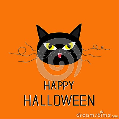 Black cat head. Yellow eyes, fangs, curl moustaches whisker. Vector Illustration