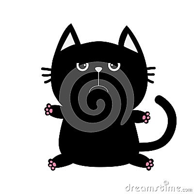 Black cat icon. Cute funny cartoon grumpy character. Kawaii animal. Big tail, whisker, eyes. Sad emotion. Kitty kitten Baby pet co Vector Illustration