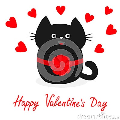 Black cat icon with round bow. Red heart set. Cute funny cartoon character. Happy Valentines day Greeting card. Kitty Whisker Baby Vector Illustration