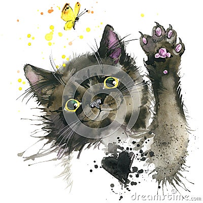 Black cat illustration with splash watercolor textured background. Cartoon Illustration