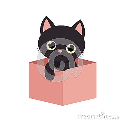 Black cat inside opened pink cardboard package box. Adopt me. Pet adoption. Kitten with big yellow eyes. Flat design style. Help Vector Illustration