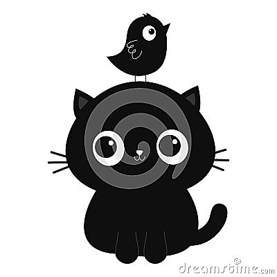 Black cat kitten silhouette Bird on head. Cute cartoon funny character. Kawaii baby pet animal. Notebook cover, tshirt, greeting Vector Illustration
