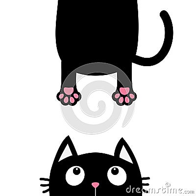 Black cat looking up. Funny face head silhouette. Hanging fat body paw print, tail. Kawaii animal. Baby card. Cute cartoon charact Vector Illustration