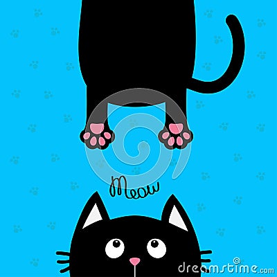 Black cat looking up. Funny face head silhouette. Meow text. Hanging fat body paw print, tail. Cute cartoon character. Kawaii Vector Illustration