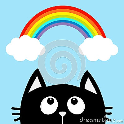 Black cat looking up to cloud and rainbow. Cute cartoon character. Valentines Day. Kawaii animal. Love Greeting card. Flat design. Vector Illustration