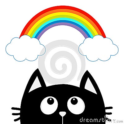 Black cat looking up to cloud and rainbow. Cute cartoon character. Valentines Day. Kawaii animal. Love Greeting card. Flat design. Vector Illustration