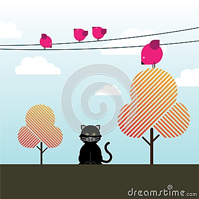 Black cat, magenta birds and Fall trees Vector Illustration