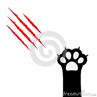 Black cat paw print leg foot. Bloody claws scratching animal red scratch scrape track. Cute cartoon character body part silhouette Vector Illustration