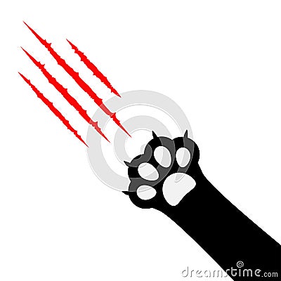 Black cat paw print leg foot. Bloody claws scratching animal red scratch scrape track. Diagonal corner. Cute cartoon character bod Vector Illustration