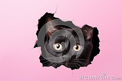 Black cat peeking out of a hole in a pink paper background, Funny black cat looks through ripped hole in pink paper backgroud, AI Stock Photo