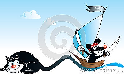 Black Cat and Pirate Mouse Vector Illustration