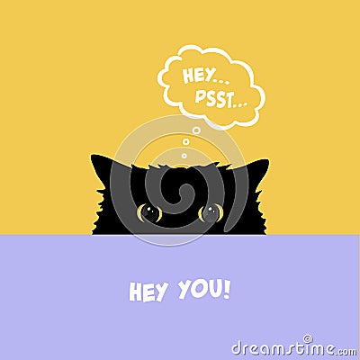 Black cat playing Hide and Seek. Cute cat with yellow eyes peeking over table. Flat illustration with comic dialog cloud. Vector Illustration