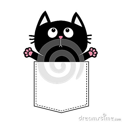 Black cat in the pocket ready for a hugging. T-shirt design. Open hand paw print. Kitty reaching for a hug. Funny Baby card. Cute Vector Illustration