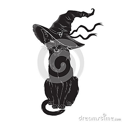 Black cat with pointy witch hat line art and dot work. Wiccan familiar spirit, halloween or pagan witchcraft theme tapestry print Vector Illustration