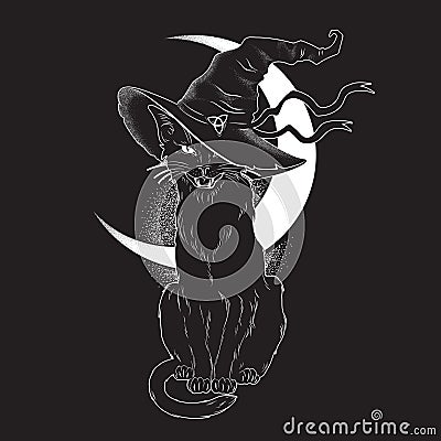 Black cat with pointy witch hat line art and dot work. Wiccan familiar spirit, halloween or pagan witchcraft theme tapestry print Vector Illustration