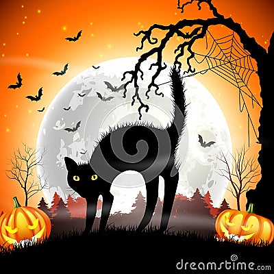 Black cat with pumpkin halloween on the full moon Vector Illustration