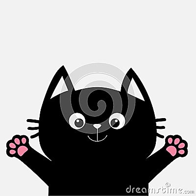 Black cat ready for a hugging. Open hand paw print. Kitty reaching for a hug. Funny Kawaii animal. Baby card. Cute cartoon charact Vector Illustration