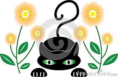 Black cat ready to pounce in flowers Vector Illustration