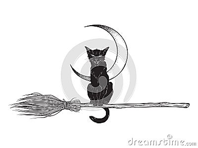 Black cat rides the broom magic vehicle of the witch hand drawn ink style boho chic sticker, patch, flash tattoo or print design Vector Illustration