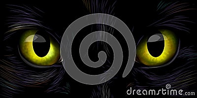 Black cat`s big yellow eyes close up Vector Illustration