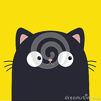 Black cat sad face head silhouette icon. Kawaii pet animal. Cute cartoon baby character. Pink ears. Funny kitten. Sticker print Vector Illustration