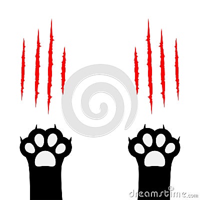Black cat scratching paw print leg foot set. Bloody claws animal red scratch scrape track. Cute cartoon character body part silhou Vector Illustration