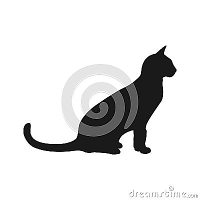 Black cat silhouette. Elegant cat sitting side view with turn around head. Vector Illustration