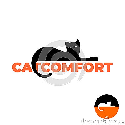 Black cat silhouette laying on a text logo. Vector Illustration