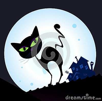 Black cat silhouette in night town Vector Illustration