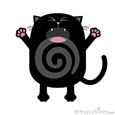 Black cat silhouette screaming crying. Cute cartoon character. Kawaii animal. Baby card. Pet collection. Flat design style. White Vector Illustration