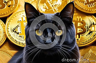 a black cat sits and laying among some gold cryptocoins Bitcoins. The cat is mining bitcoins. Yellow gold background Stock Photo