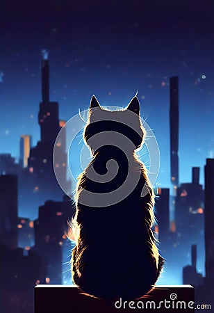 Black Cat sits on a rooftop on a starry night and looks out over the city Cartoon Illustration