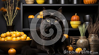 A black cat sitting in front of a bowl of oranges Stock Photo