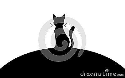 Black cat sitting on a hill, silhouette art image Vector Illustration