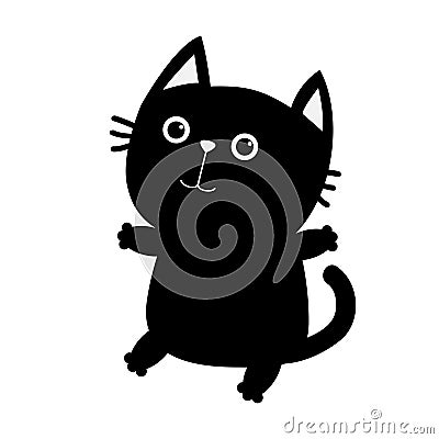 Black cat sitting icon. Cute funny cartoon smiling character. Kawaii animal. Big tail, whisker, eyes. Happy emotion. Kitty kitten Vector Illustration