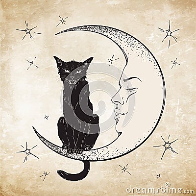 Black cat sitting on the moon. Wiccan familiar spirit vector Vector Illustration