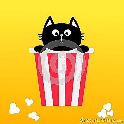 Black cat sitting in Popcorn box. Movie Cinema icon in flat design style. Pop corn. Cute cartoon funny pet character. Yellow gradi Vector Illustration