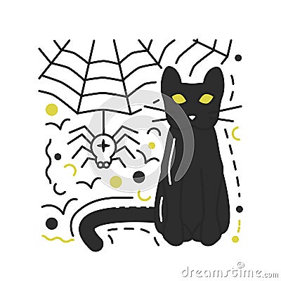 Black cat sitting with web and spider isolated Vector Illustration