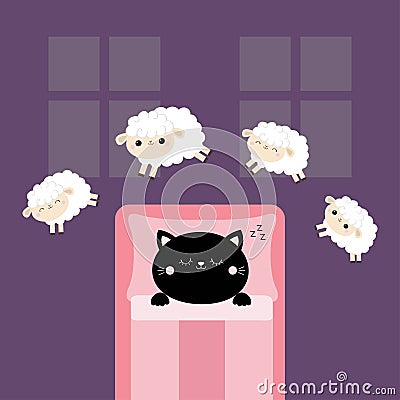 Black cat sleeping. Jumping sheeps. Cant sleep going to bed concept. Counting sheep. Cute cartoon kawaii baby animal set. Blanket Vector Illustration