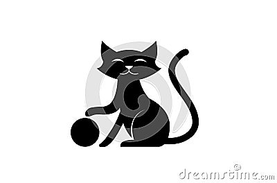 Black Cat smile and play with the ball for logo pet icon Cartoon Illustration