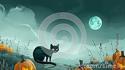 Black Cat and Spooky Pumpkin Patch Cartoon Illustration