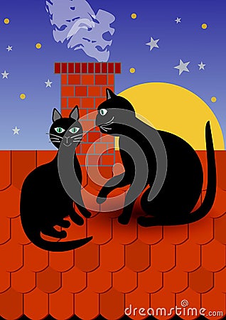 Black cat with tomcat by chimney on red roof, dark evening sky with stars on background. Vector illustration for fancier and suppo Vector Illustration