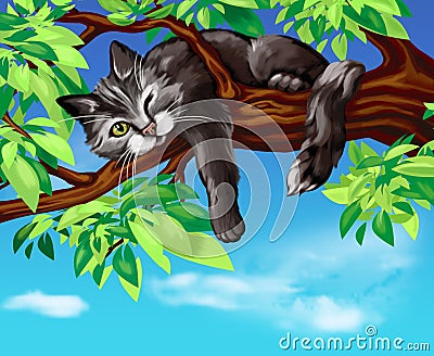 Black cat on the tree Stock Photo