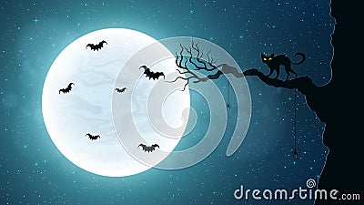 Black cat on a tree against the background of the full moon. Terrible night. Flying bats. Realistic starry sky Vector Illustration